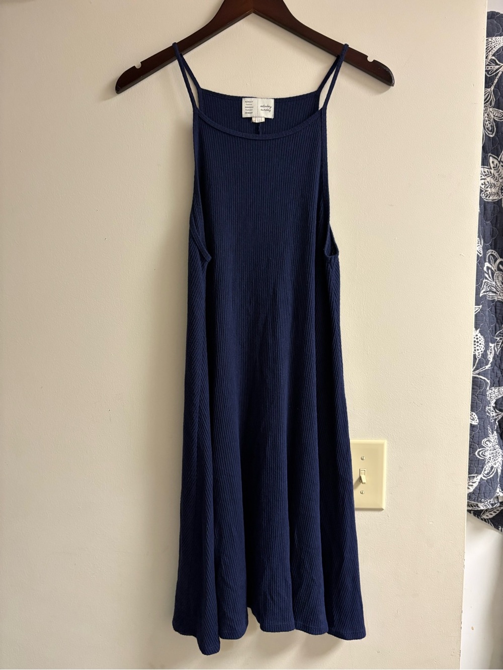 Women's Navy Ribbed Midi Dress with Spaghetti Straps